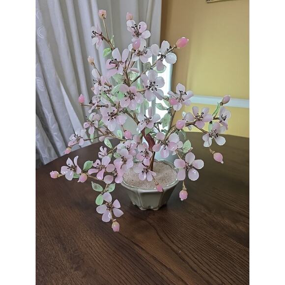 Vintage Large Mid Century Chinese Jade Glass Agate Bonsai Flower Tree 15 X 18 - Picture 4 of 16